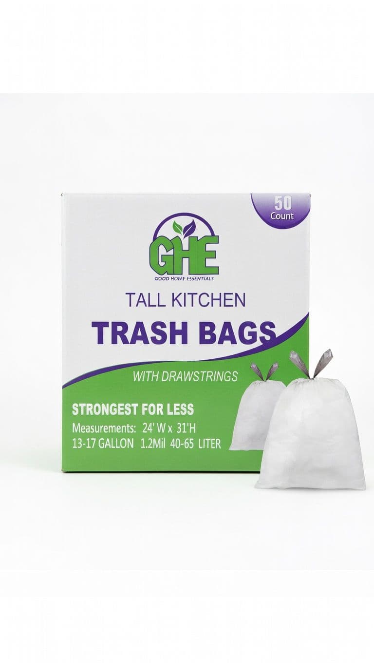 13–17 Gallon White Drawstring Trash Bags – 50 Count